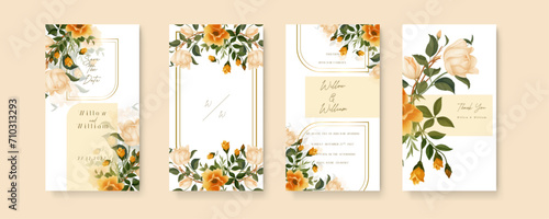Beige and orange peony and rose artistic wedding invitation card template set with flower decorations. Wedding invitation template in portrait or story orientation for social media poster