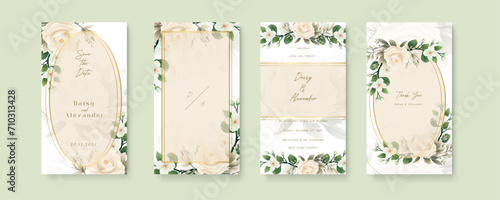 Beige rose vector wedding invitation card set template with flowers and leaves watercolor. Wedding invitation template in portrait or story orientation for social media poster