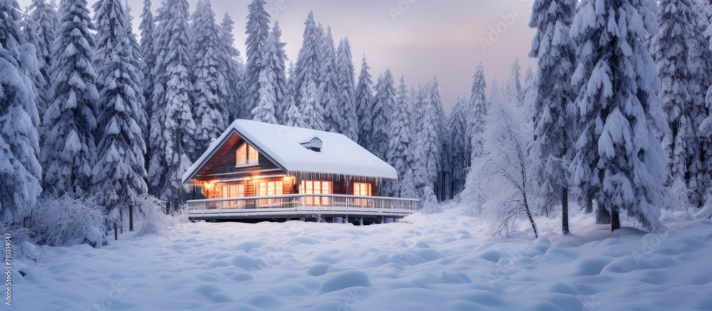 A snow-covered forest cabin in closeup.