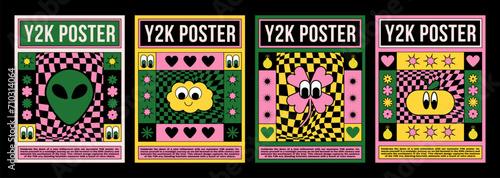 Y2k poster design template with bright abstract simple groovy sticker in bright acid colors. Vector illustration set of cover and banner 2000s aesthetic layout with cute psychedelic elements and text.
