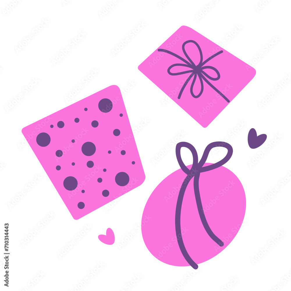 Vector hand drawn gifts box with violet bow and heart by Valentine day. Illustration in flat style. For greeting card, logo, sale, product