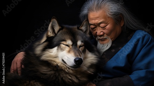 Senior asian man sleeps on a bed, hugging his dog. Close-up view. © Евгений Федоров