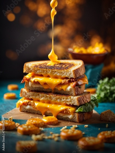 Grilled Cheese sandwich with a crisp, buttery exterior and gooey cheese center, cinematic food photography photo