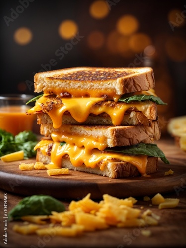 Grilled Cheese sandwich with a crisp, buttery exterior and gooey cheese center, cinematic food photography