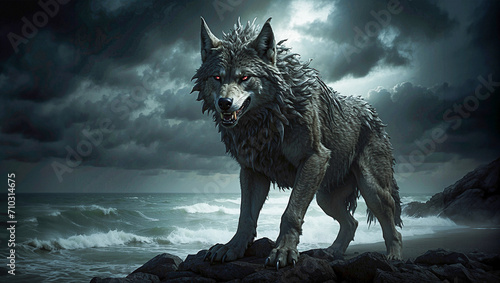 Mythical Fenrir, the wolf of legend, prowls with primal intensity along the untamed shore, embodying the essence of ancient power in a haunting seaside hunt.