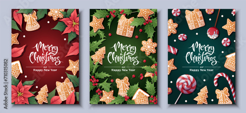 Merry Christmas Holiday cards, flyers and invitations. Festive background with holly, berries, poinsettia decorated with gingerbread. Merry Christmas and New Year