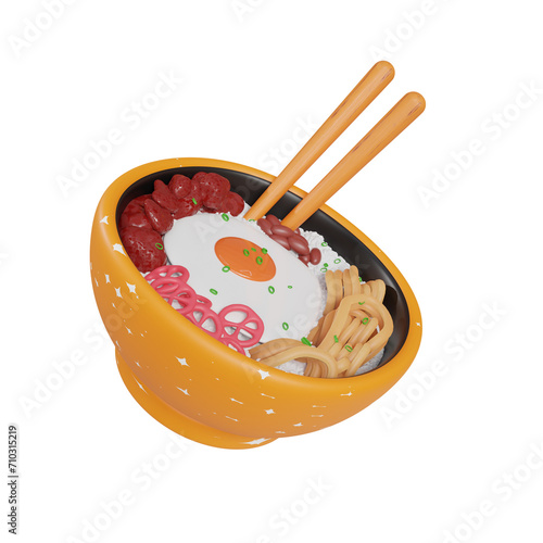 3D Model of Bibimbap with a Mix of Various Vegetables and Grilled Meat.
3d illustration, 3d element, 3d rendering. 3d visualization isolated on a transparent background