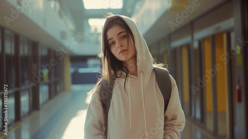 Beautiful young woman wear stylish hoodie in school corridor.