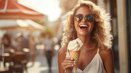 beautiful young white american model woman with ice cream on the street, Woman eating delicious desert, Valentine day, International Women day, 8 March, 14 February, Easter, Mother day, birthday party
