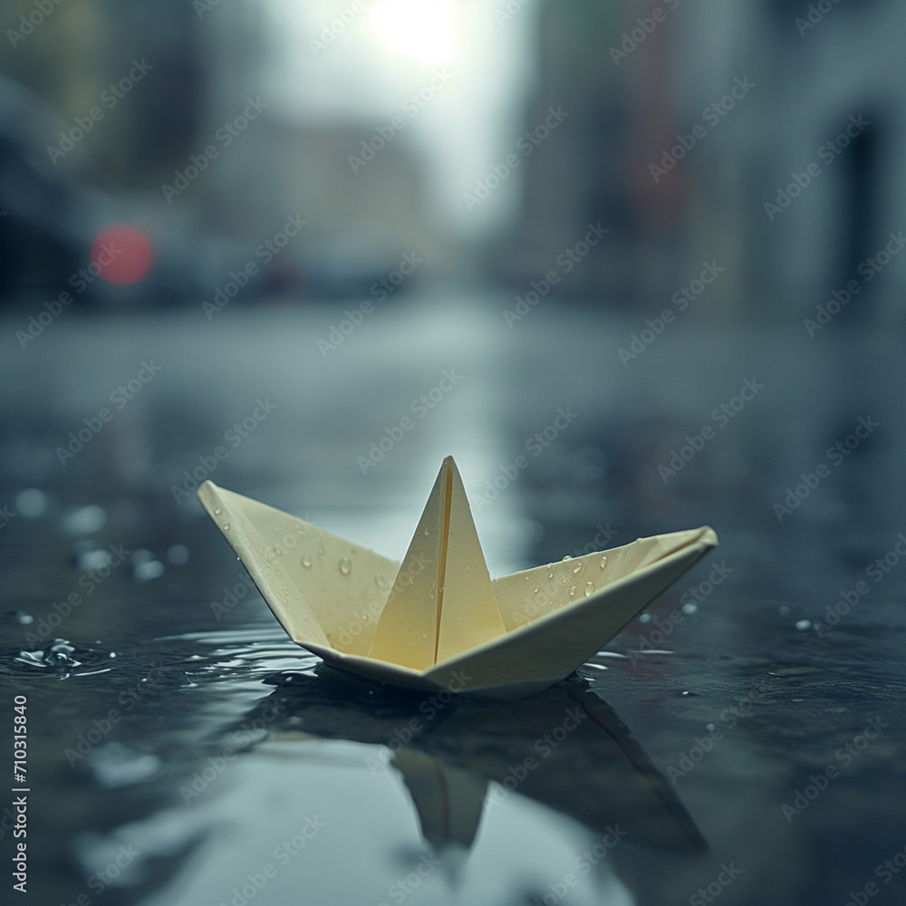 Close-up of a paper boat in a puddle after rain. Droplets on the boat, post-rain atmosphere, urban and nostalgic mood