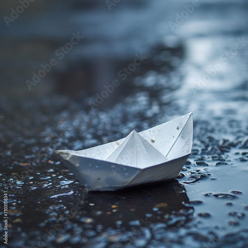 Close-up of a paper boat in a puddle after rain. Droplets on the boat, post-rain atmosphere, urban and nostalgic mood