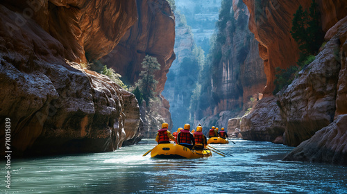 Rafting guide leading a group through a narrow river canyon. Dramatic rock formations surrounding the river photo