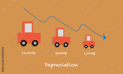 Vector art of depreciation concept by example of red car in paper cut with brown background.