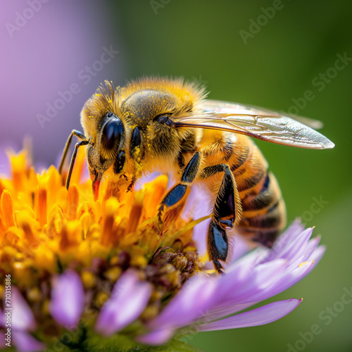 Close-up of a honeybee pollinating a flower. Interaction between bee and nature © AnnTokma