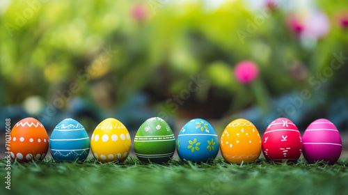 Easter eggs, each beautifully adorned with intricate daisy prints, lie nestled in the lush green grass, forming a charming and festive tableau of springtime celebration