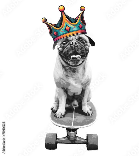 cute pug on a skateboard with colorful crown (ID: 710316239)