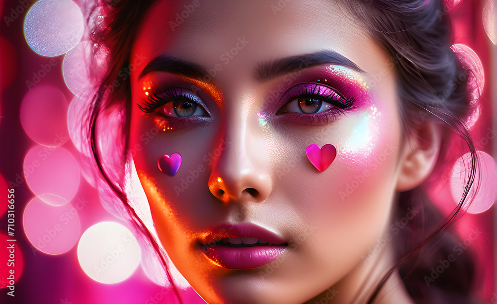 A woman's face with a hot pink heart. Generative AI