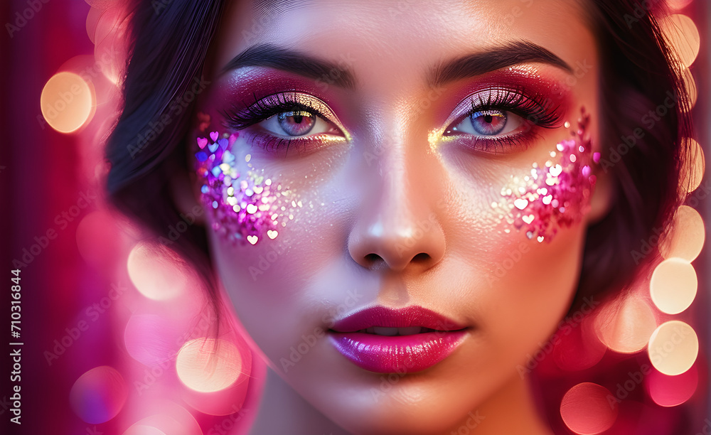 A woman's face with a hot pink heart. Generative AI A woman's face with a hot pink heart. Generative AI