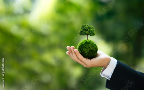 Save Environment or World Earth Day. Green Company concept. Business Hand Holding Green Globe with the tree for ESG, CO2, and Net Zero concept to Organization Sustainable Development Environmental. 