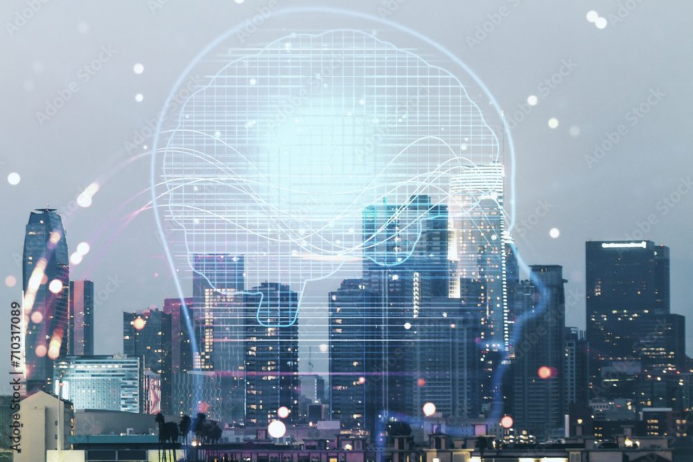 Double exposure of creative artificial Intelligence hologram on Los Angeles city skyscrapers background. Neural networks and machine learning concept