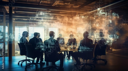 The silhouette of business people working together in the office. Photo with double exposure with lighting effects from copy space. Partnership, business, startup, success of the concept.
