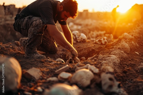 archaeological dig uncovering ancient bones photo