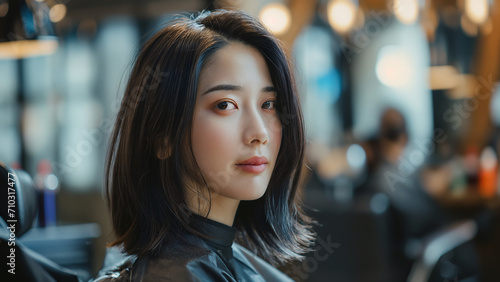 a beautiful korean model woman in the hairdresser salon gets a new haircut, dyes her hair and style it. sitting on the chair and talks to the hairstylist photo