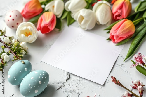 Easter eggs, spring flowers and blank white paper sheet for greeting text