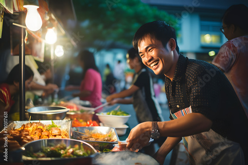 Local young man stands behind his street food stall and smiles. Male street vendor of Thai food at the market photo