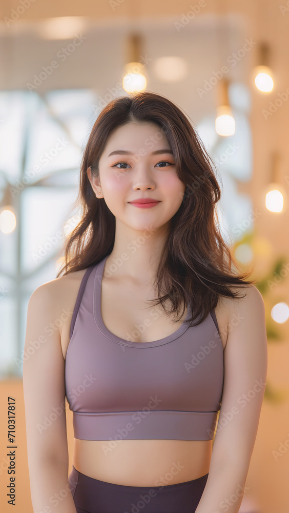 Portrait of beautiful Korean yoga or pilates instructor in her yoga studio