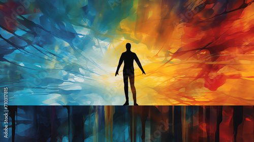 Photographie The Silhouette of a Person Standing on a Platform With a Rainbow Burst Pattern B