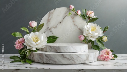 Floral Radiance: Marble and Flowers Stand for Product Exhibition