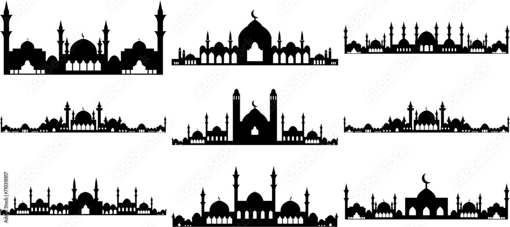 Set of mosque silhouettes. Isolated on white background. Vector illustration.
