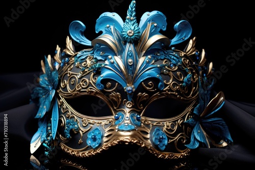 A Venetian mask on black background.