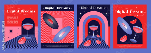 Set of y2k electronic music party posters. Vector realistic illustration of nightclub flyers, concert banners with cocktail glasses, vinyl platters, sparkling stars on color background, retro style