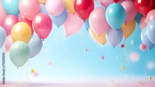 Holiday celebration background with balloons  golden sparkling confetti and ribbons
