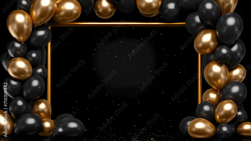 Holiday celebration background with balloons, golden sparkling confetti and ribbons Holiday celebration background with balloons, golden sparkling confetti and ribbons