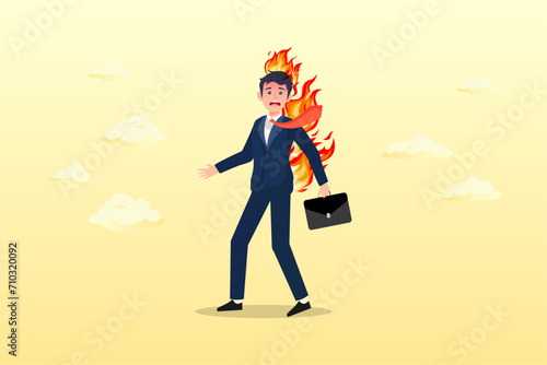 Depressed businessman office worker with fire burn on his head and suit, employee burn out, exhausted from overworked or overload task, mental problem or stressful from too much workload (Vector)
