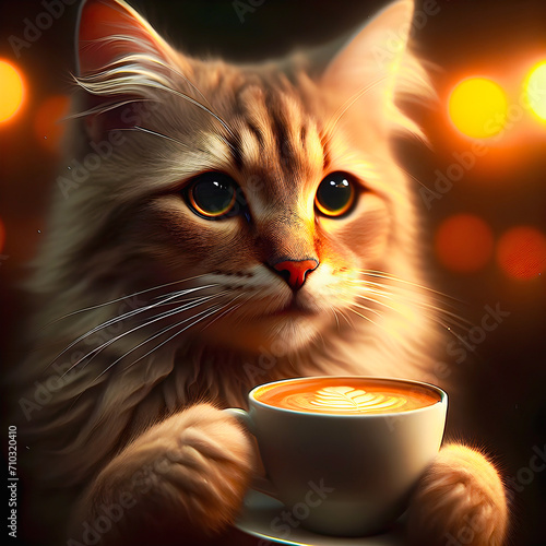 Adorable kitty portrait with cappuccino charm. HD, high-quality details capture the beauty of this cute cat holding a cup—a delightful and captivating image.