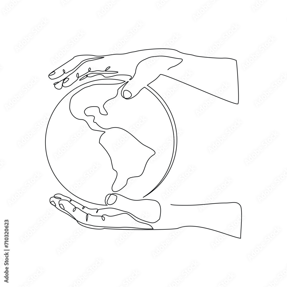 Continuous single line sketch drawing of palm hand holding earth globe save world environment. One line art of protect earth care world day vector illustration Continuous single line sketch drawing of palm hand holding earth globe save world environment. One line art of protect earth care world day vector illustration
