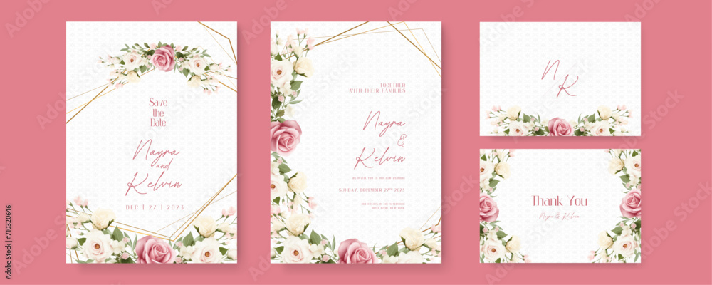 White and pink rose wedding invitation card template with flower and floral watercolor texture vector