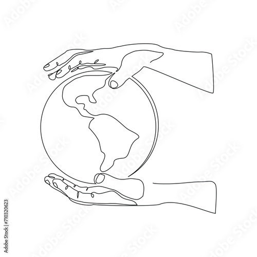 Continuous single line sketch drawing of palm hand holding earth globe save world environment. One line art of protect earth care world day vector illustration 