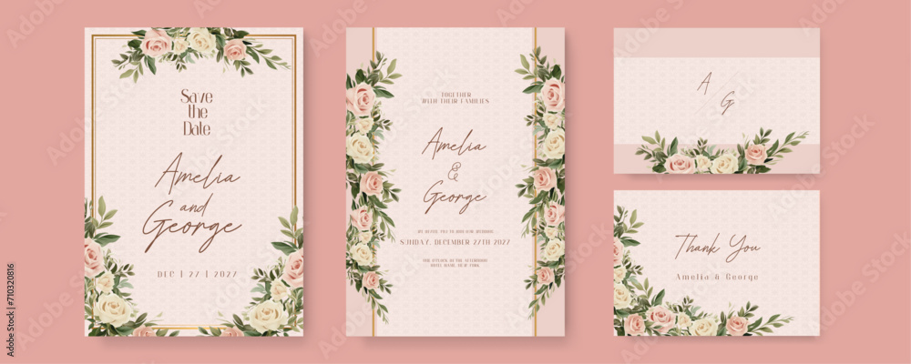 Pink and white rose wedding invitation card template with flower and floral watercolor texture vector