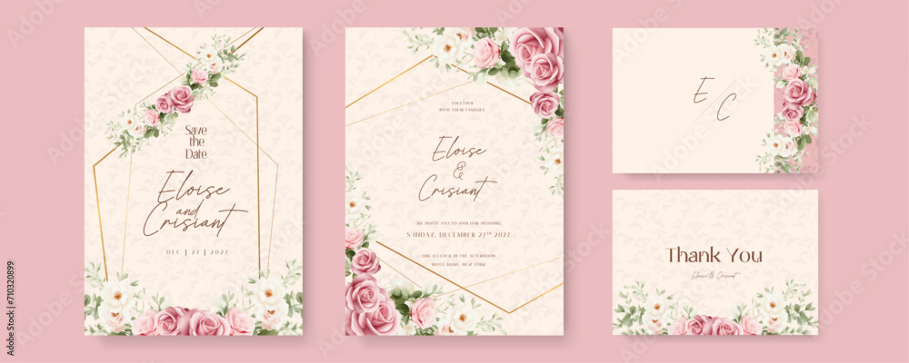 Beige and pink rose set of wedding invitation template with shapes and flower floral border