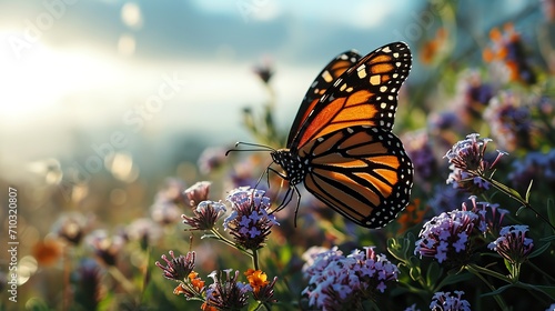 Monarch Butterfly Pollinating Wildflowers at Sunrise