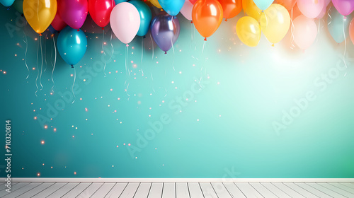 Children's birthday background with many balloons in pastel tones photo
