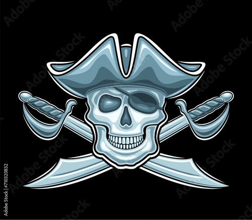 Vector logo for Pirate Skull, decorative label with illustration of wicked smiling pirate skull in old cap and crossed swords for esport team, creative mascot for kids pirate party on black background