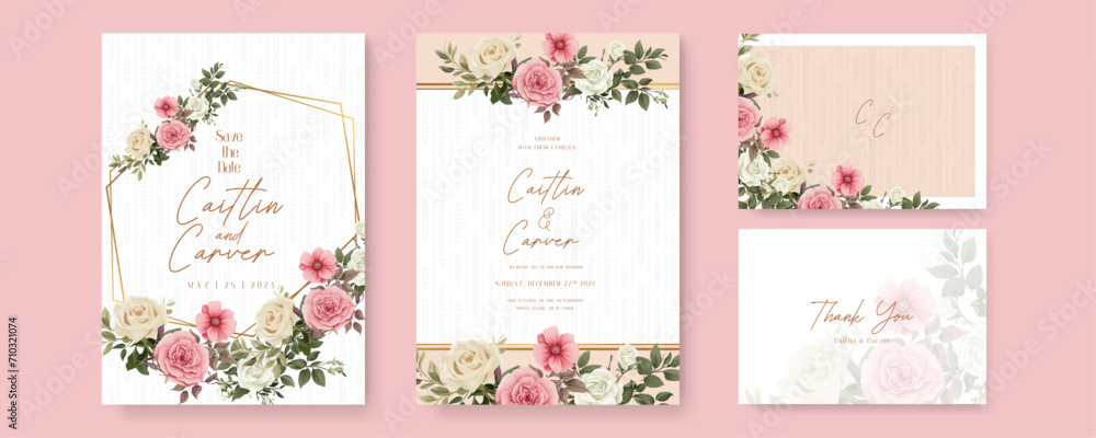 White beige and pink rose beautiful wedding invitation card template set with flowers and floral
