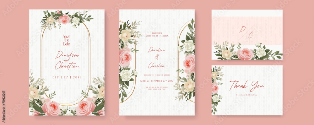 Pink beige and white rose beautiful wedding invitation card template set with flowers and floral