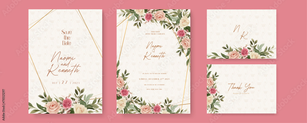 Beige and pink rose vector elegant watercolor wedding invitation floral design